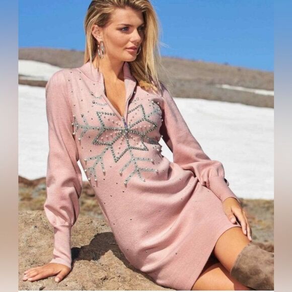 Boston Proper Dresses & Skirts - Boston Proper Snowflake Pearls Beading Front Zip Sweater Dress Size XS